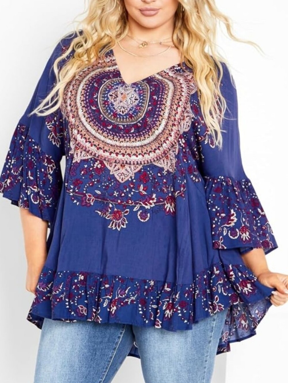 Aveology City Chic Boho Paisley Tunic Top Blue Bell Sleeve Plus Size 22/24 NWT